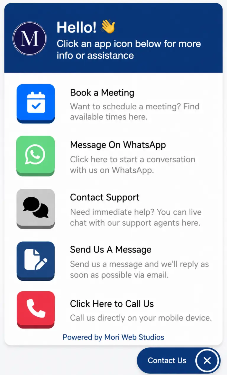 Mori Instant Connectâ„¢ 2 Contact help widget UI design