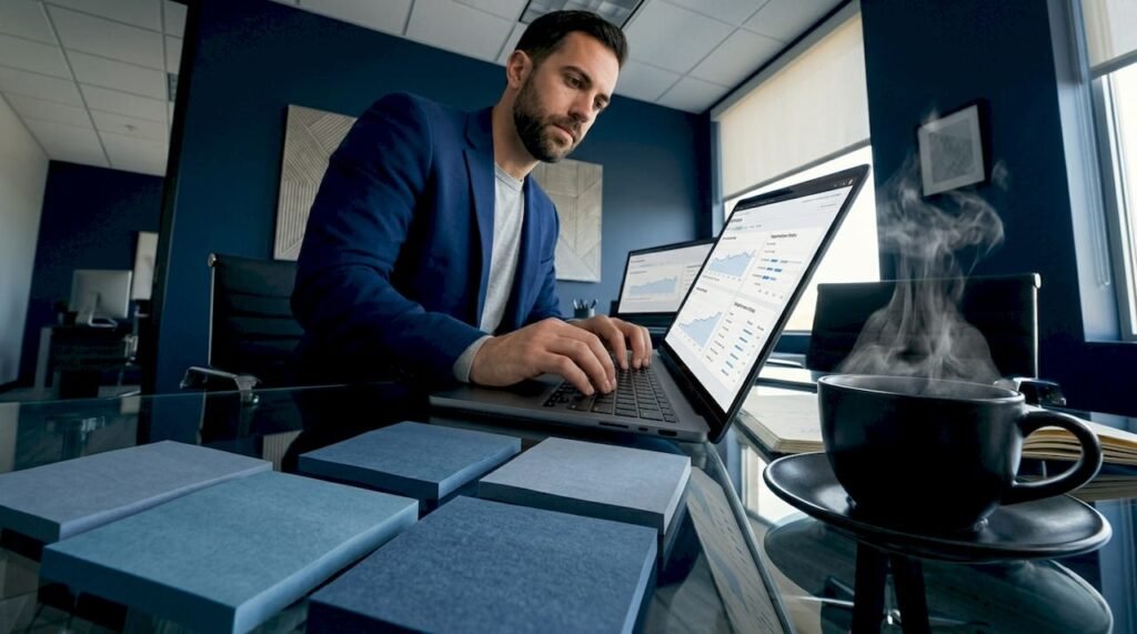 Consultant working on SEO laptop in home office