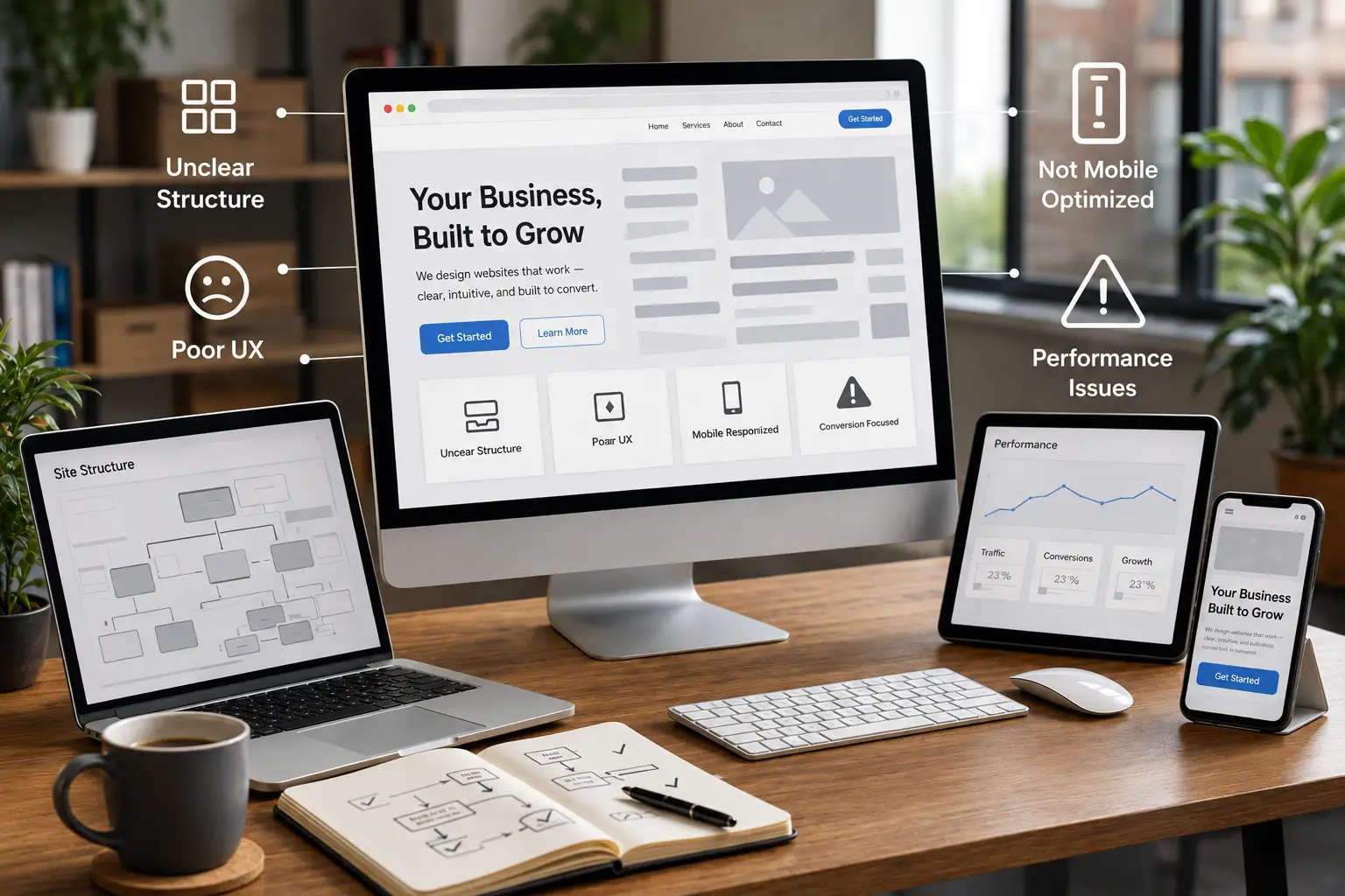 Clean office with website mockups Clean office with website mockups