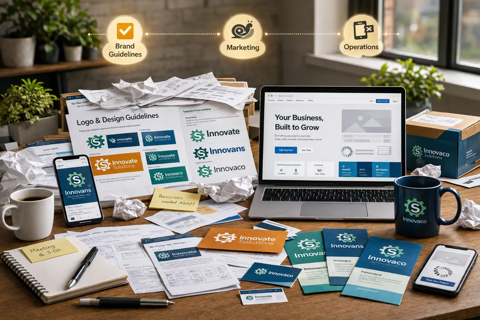 Cluttered branding and marketing workspace Cluttered branding and marketing workspace