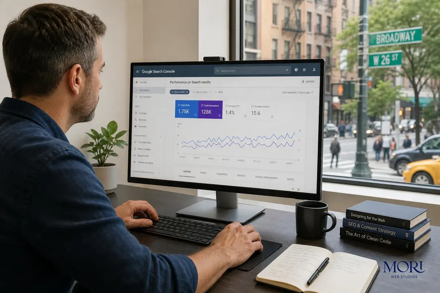 Why Custom Website Design in New York Demands More Than Templates 3 Putting the Plan Together — New York small business owner reviewing Google Search Console data on a desktop monitor in a bright modern office, notebook with handwritten notes beside keyboard, city street visible through window