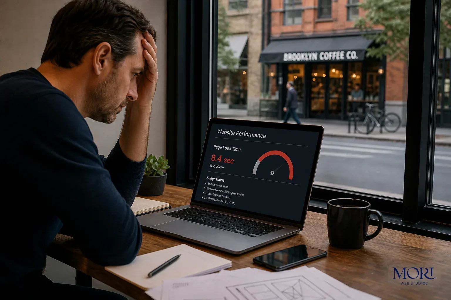 Why Custom Website Design in New York Demands More Than Templates 1 Why This Matters Right Now — frustrated business owner sitting at a desk reviewing a slow-loading website on a laptop, cluttered papers and coffee cup nearby, small New York storefront visible in background through window
